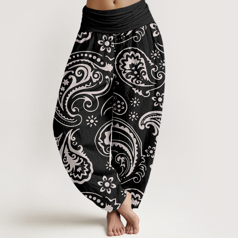 Pantalon sarouel décontracté et élégant à motif floral cachemire pour femme, taille élastique, motif Buddha Stones - Noir - US22，UK/AU26，EU54 (6XL) - image 1