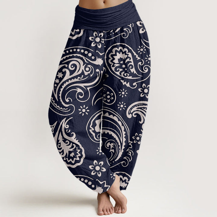 Pantalon sarouel décontracté et élégant à motif floral cachemire pour femme, taille élastique, motif Buddha Stones - Bleu nuit - US22，UK/AU26，EU54 (6XL) - image 5