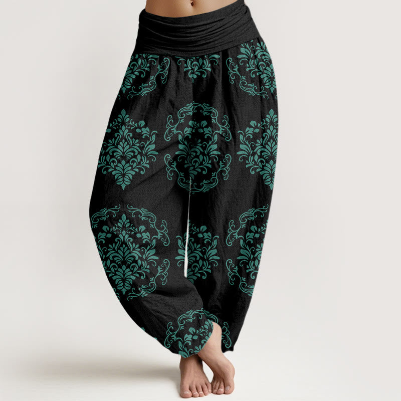 Pantalon sarouel décontracté à taille élastique et motifs floraux symétriques pour femme Buddha Stones - Noir - US22，UK/AU26，EU54 (6XL) - image 8