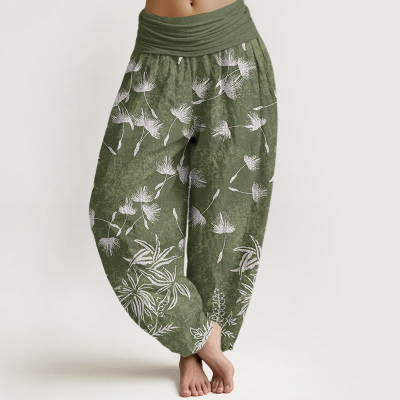 Pantalon sarouel décontracté à taille élastique pour femme, motif de graines de pissenlit et de plantes Buddha Stones - Vert foncé - US22，UK/AU26，EU54 (6XL) - image 5