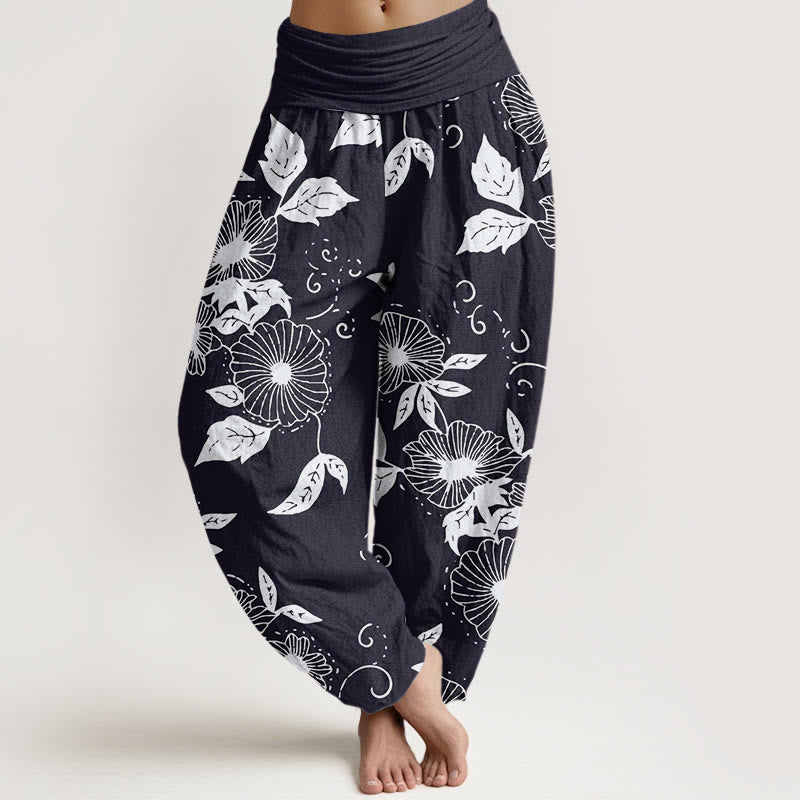 Pantalon sarouel décontracté à taille élastique pour femme, motif fleurs et feuilles de vigne, Buddha Stones - Noir - US22，UK/AU26，EU54 (6XL) - image 1