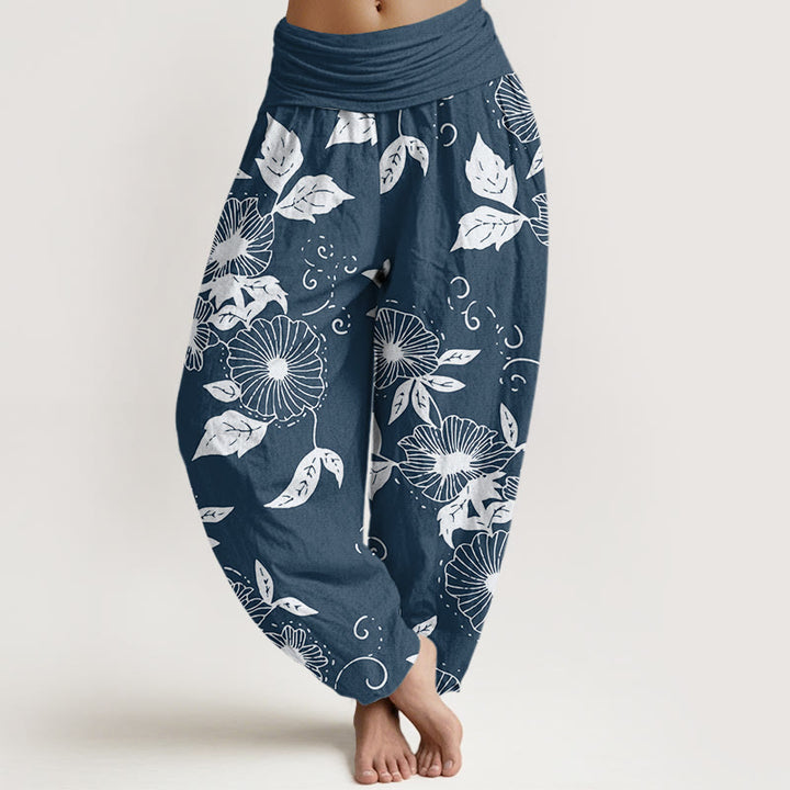Pantalon sarouel décontracté à taille élastique pour femme, motif fleurs et feuilles de vigne, Buddha Stones - Bleu acier - US22，UK/AU26，EU54 (6XL) - image 8