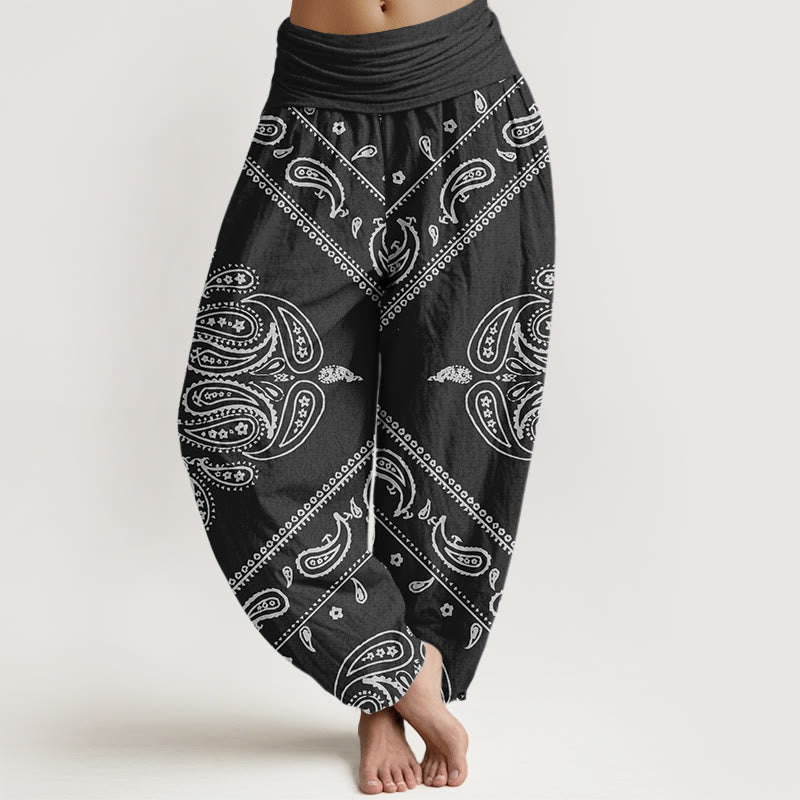 Pantalon Buddha Stones décontracté à taille élastique pour femme avec motif floral et cachemire - Noir - US22，UK/AU26，EU54 (6XL) - image 1