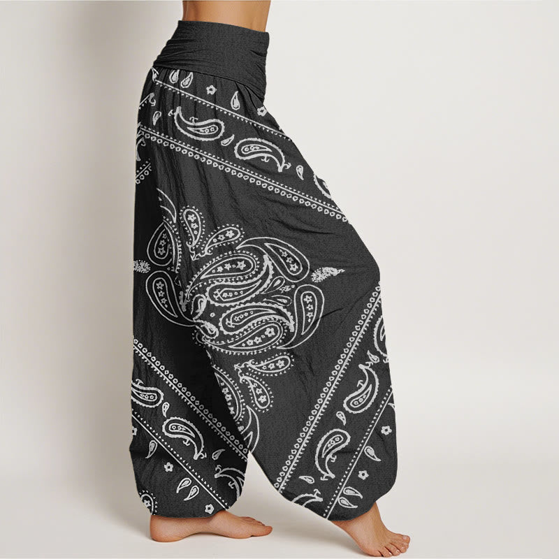 Pantalon harem femme en coton à motif floral et cachemire, taille élastique, orné de Buddha Stones - image 1