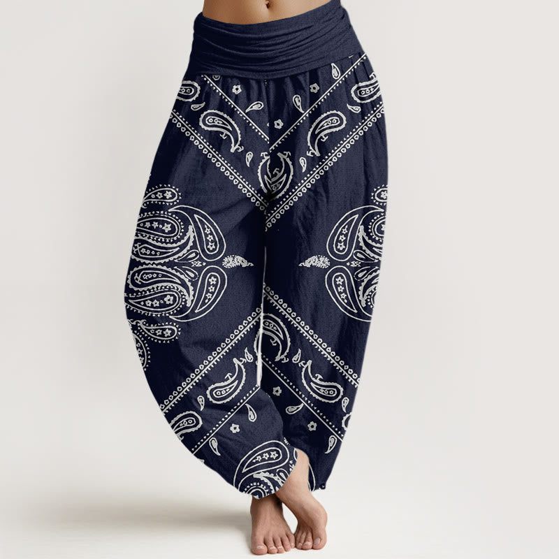 Pantalon harem femme en coton à motif floral et cachemire, taille élastique, orné de Buddha Stones - Bleu foncé - US22，UK/AU26，EU54 (6XL) - image 7