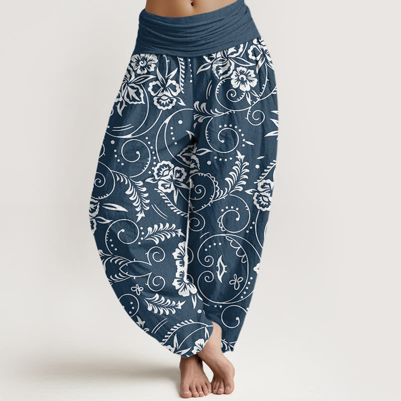 Pantalon sarouel décontracté à taille élastique pour femme avec motif floral tourbillonnant et Buddha Stones - Bleu foncé - US22，UK/AU26，EU54 (6XL) - image 1