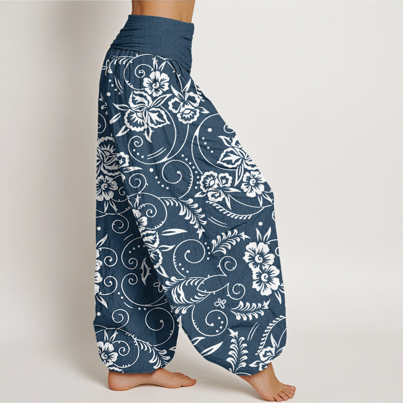 Pantalon sarouel décontracté à taille élastique pour femme avec motif floral tourbillonnant et Buddha Stones - image 2
