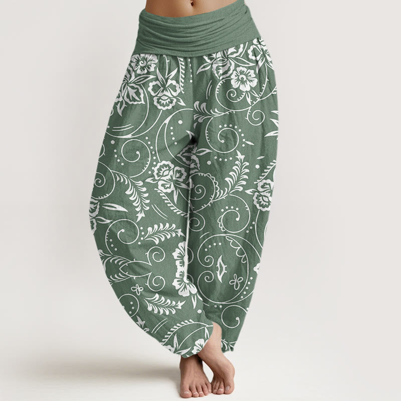 Pantalon sarouel décontracté à taille élastique pour femme avec motif floral tourbillonnant et Buddha Stones - Vert foncé - US22，UK/AU26，EU54 (6XL) - image 5