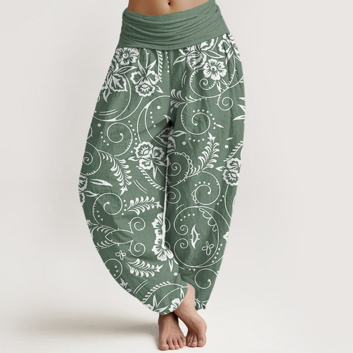 Pantalon sarouel décontracté à taille élastique pour femme avec motif floral tourbillonnant et Buddha Stones - Vert foncé - US22，UK/AU26，EU54 (6XL) - image 5
