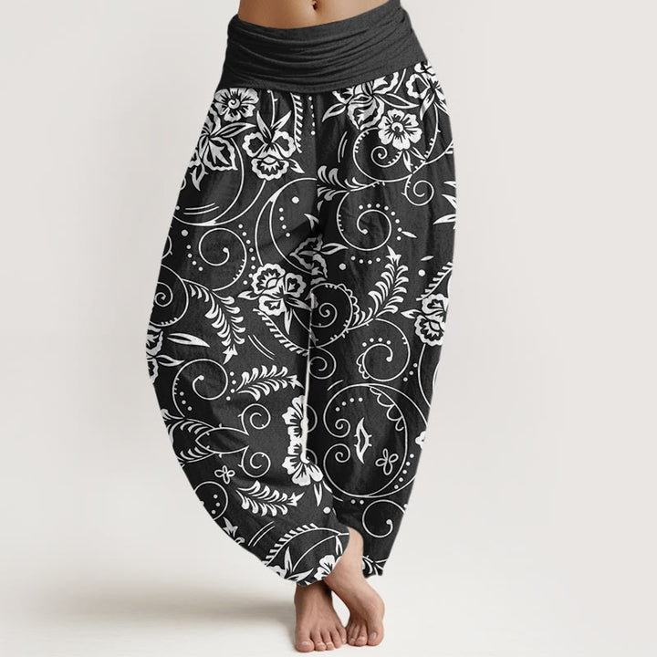 Pantalon sarouel décontracté à taille élastique pour femme avec motif floral tourbillonnant et Buddha Stones - Noir - US22，UK/AU26，EU54 (6XL) - image 8