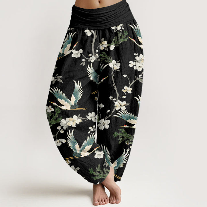 Pantalon Buddha Stones décontracté à taille élastique pour femme avec motif grue volante et fleurs - Noir - US22，UK/AU26，EU54 (6XL) - image 1