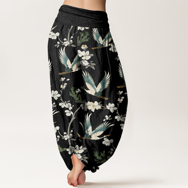 Pantalon Buddha Stones décontracté à taille élastique pour femme avec motif grue volante et fleurs - image 3