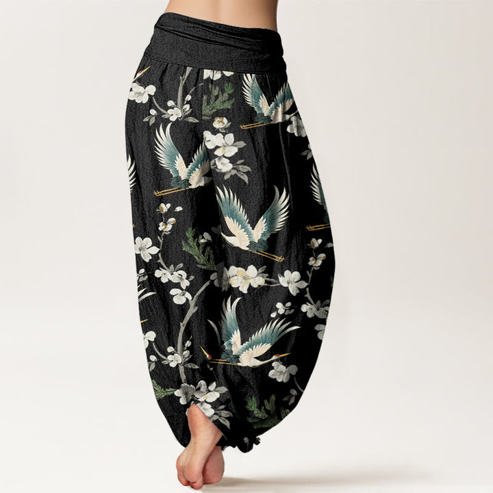 Pantalon Buddha Stones décontracté à taille élastique pour femme avec motif grue volante et fleurs - image 3