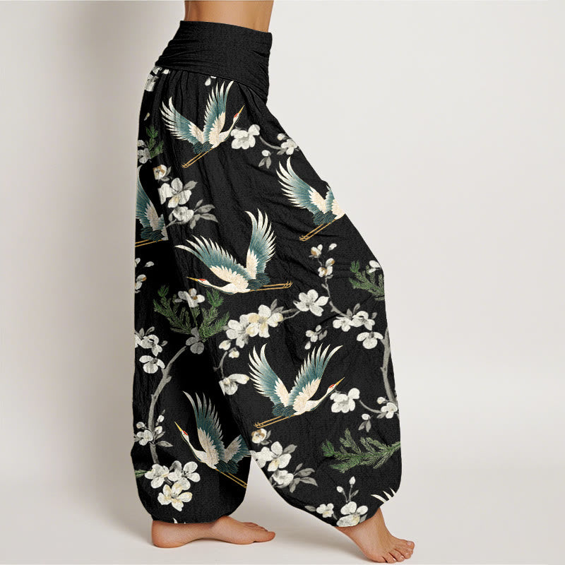 Pantalon Buddha Stones décontracté à taille élastique pour femme avec motif grue volante et fleurs - image 2