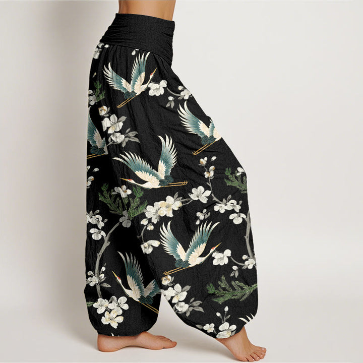 Pantalon Buddha Stones décontracté à taille élastique pour femme avec motif grue volante et fleurs - image 2