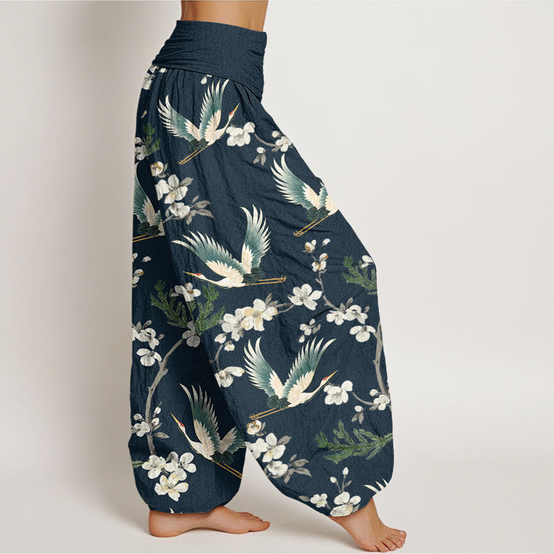 Pantalon Buddha Stones décontracté à taille élastique pour femme avec motif grue volante et fleurs - image 6
