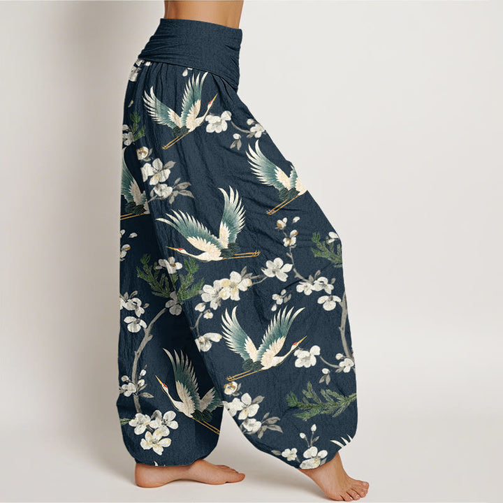 Pantalon Buddha Stones décontracté à taille élastique pour femme avec motif grue volante et fleurs - image 6