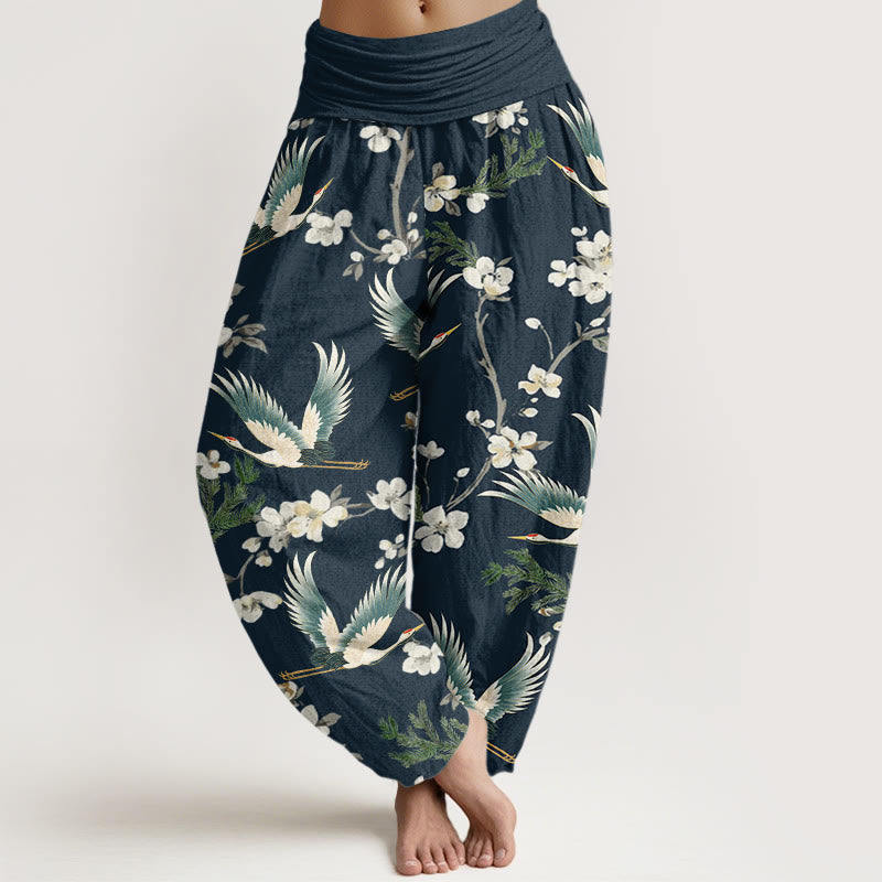 Pantalon Buddha Stones décontracté à taille élastique pour femme avec motif grue volante et fleurs - Marine - US22，UK/AU26，EU54 (6XL) - image 5