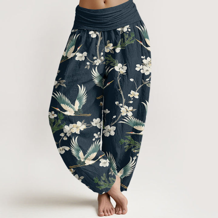 Pantalon Buddha Stones décontracté à taille élastique pour femme avec motif grue volante et fleurs - Marine - US22，UK/AU26，EU54 (6XL) - image 5
