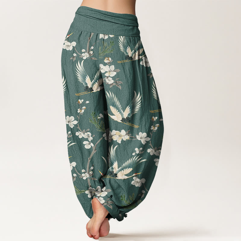 Pantalon Buddha Stones décontracté à taille élastique pour femme avec motif grue volante et fleurs - image 10