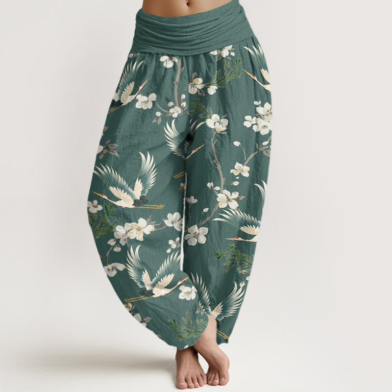 Pantalon Buddha Stones décontracté à taille élastique pour femme avec motif grue volante et fleurs - Aigue-marine moyenne - US22，UK/AU26，EU54 (6XL) - image 8