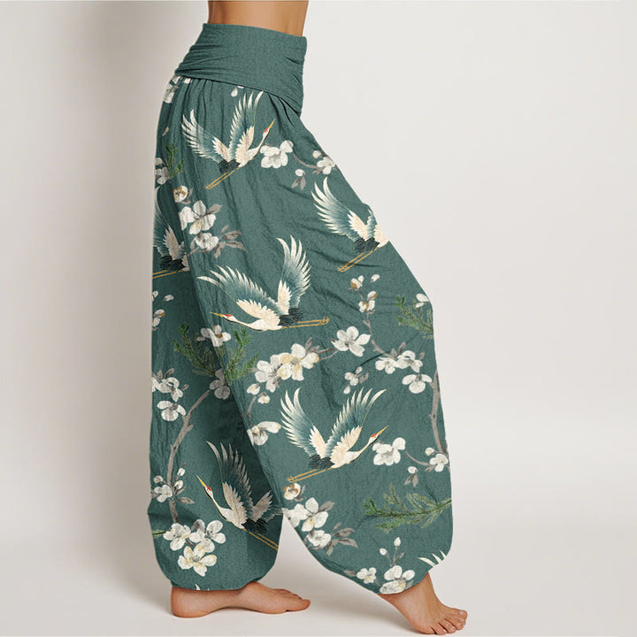 Pantalon Buddha Stones décontracté à taille élastique pour femme avec motif grue volante et fleurs - image 9