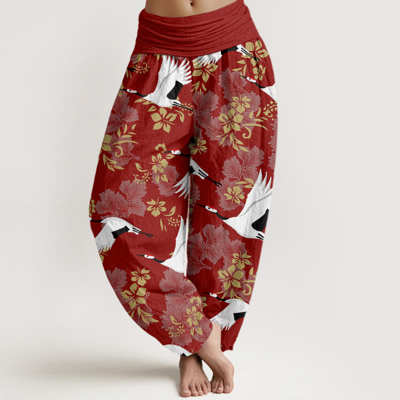 Pantalon Buddha Stones décontracté à taille élastique pour femme, motif grue volante et fleurs de cerisier - Brique réfractaire - US22，UK/AU26，EU54 (6XL) - image 1