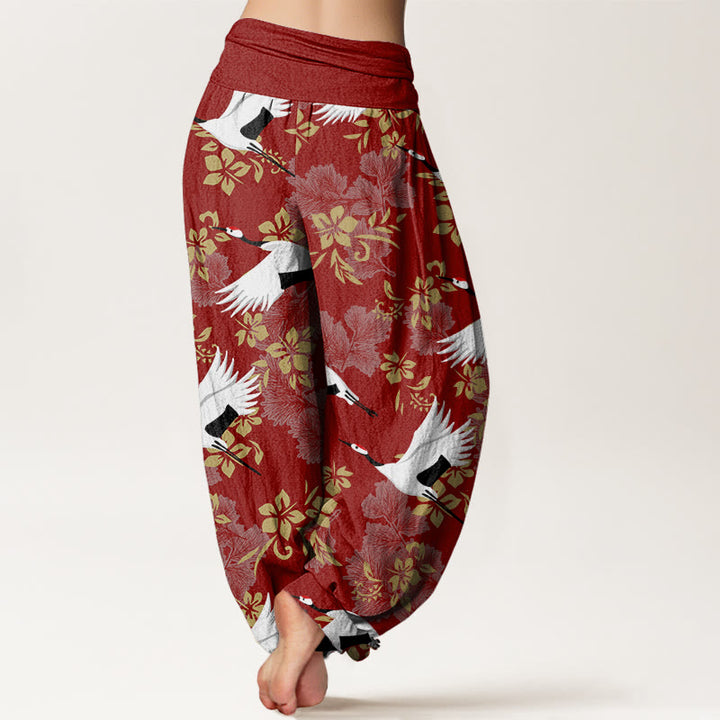 Pantalon Buddha Stones décontracté à taille élastique pour femme, motif grue volante et fleurs de cerisier - image 3