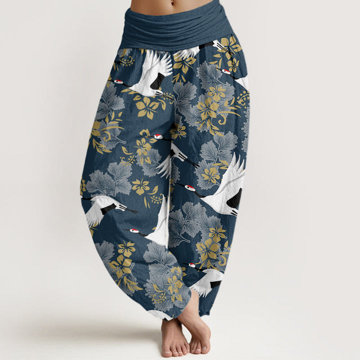 Pantalon Buddha Stones décontracté à taille élastique pour femme, motif grue volante et fleurs de cerisier - Bleu acier - US22，UK/AU26，EU54 (6XL) - image 5