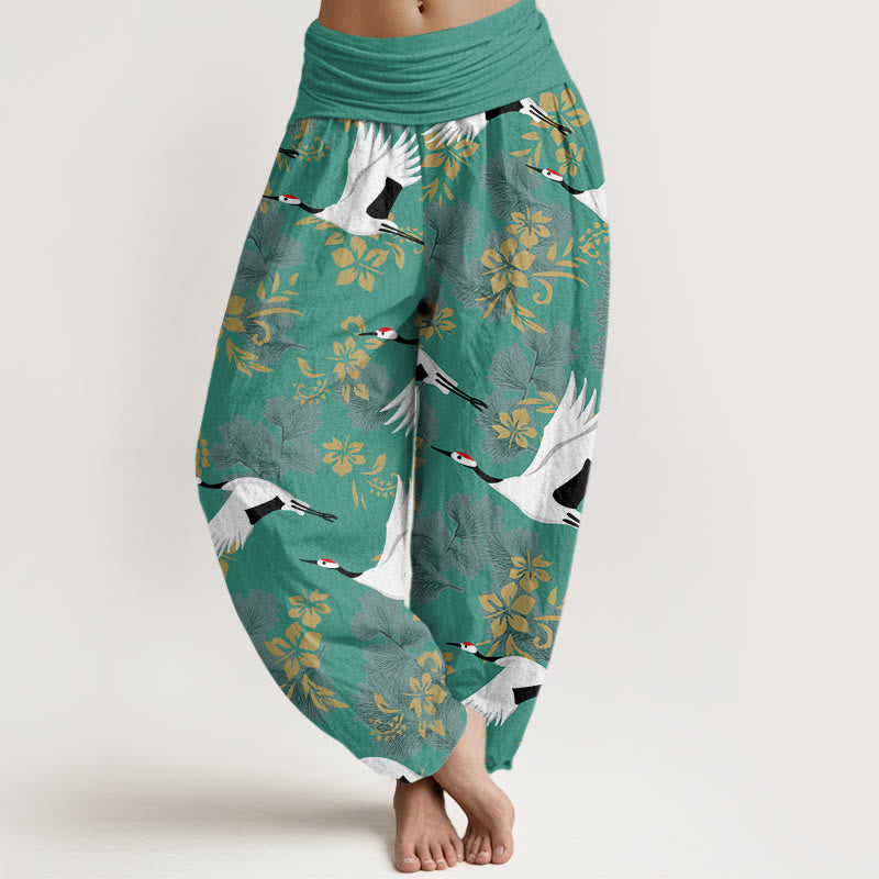 Pantalon Buddha Stones décontracté à taille élastique pour femme, motif grue volante et fleurs de cerisier - Vert clair - US22，UK/AU26，EU54 (6XL) - image 8