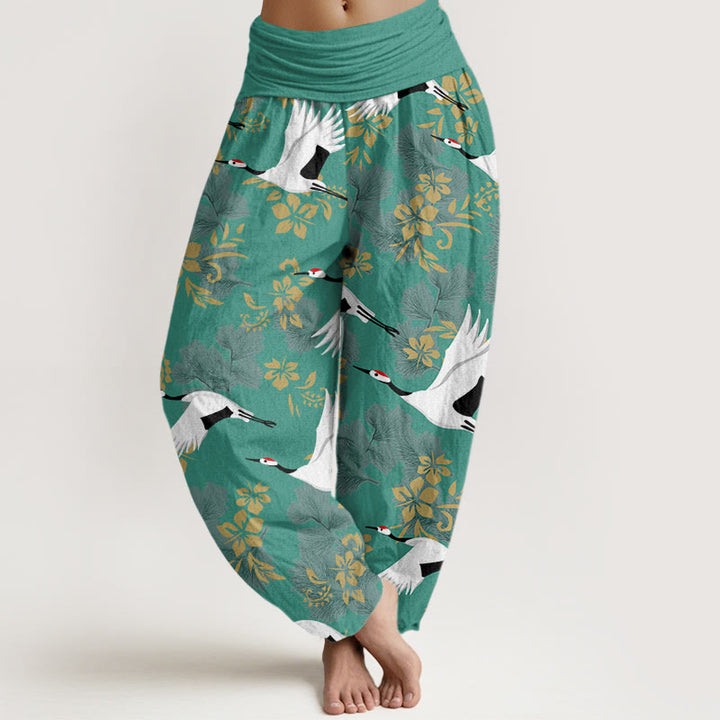 Pantalon Buddha Stones décontracté à taille élastique pour femme, motif grue volante et fleurs de cerisier - Vert clair - US22，UK/AU26，EU54 (6XL) - image 8