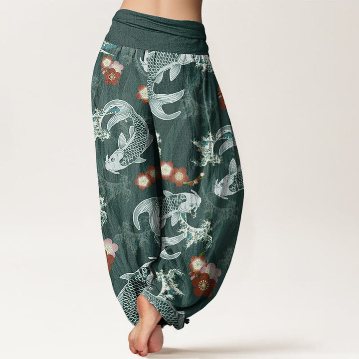 Pantalon Buddha Stones décontracté à taille élastique pour femme, motif carpe koï, fleurs de cerisier - image 3