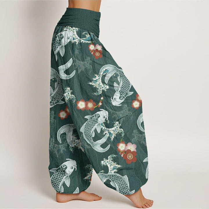 Pantalon Buddha Stones décontracté à taille élastique pour femme, motif carpe koï, fleurs de cerisier - image 2
