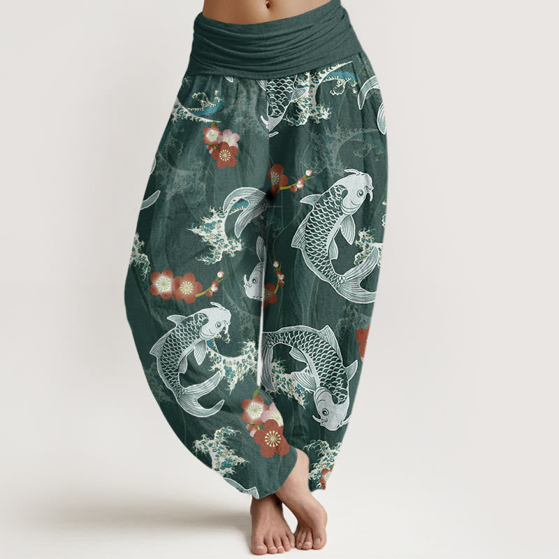 Pantalon Buddha Stones décontracté à taille élastique pour femme, motif carpe koï, fleurs de cerisier - Cyan foncé - US22，UK/AU26，EU54 (6XL) - image 1
