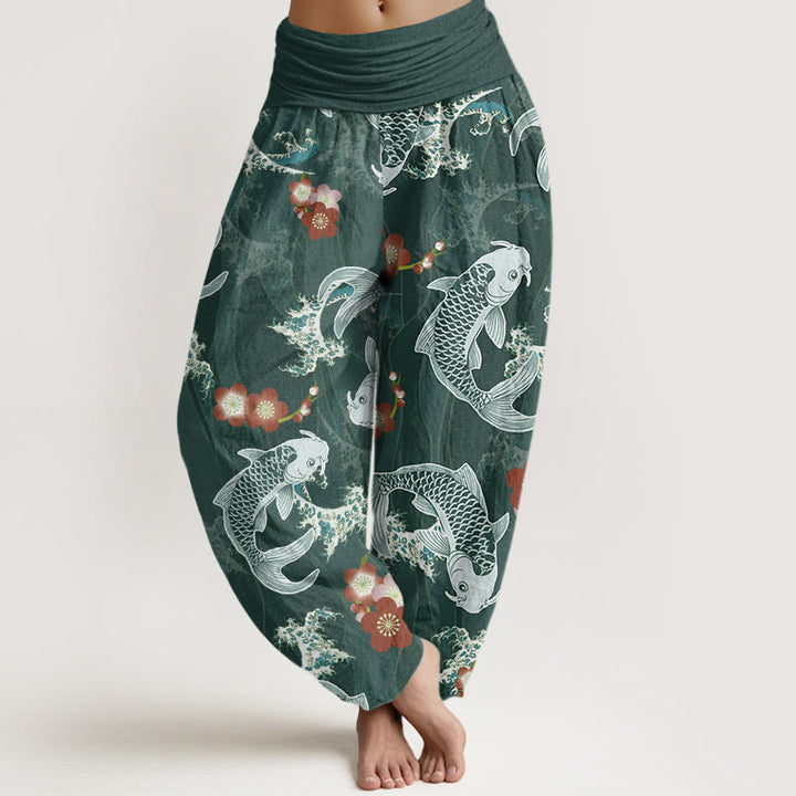 Pantalon Buddha Stones décontracté à taille élastique pour femme, motif carpe koï, fleurs de cerisier - Cyan foncé - US22，UK/AU26，EU54 (6XL) - image 1