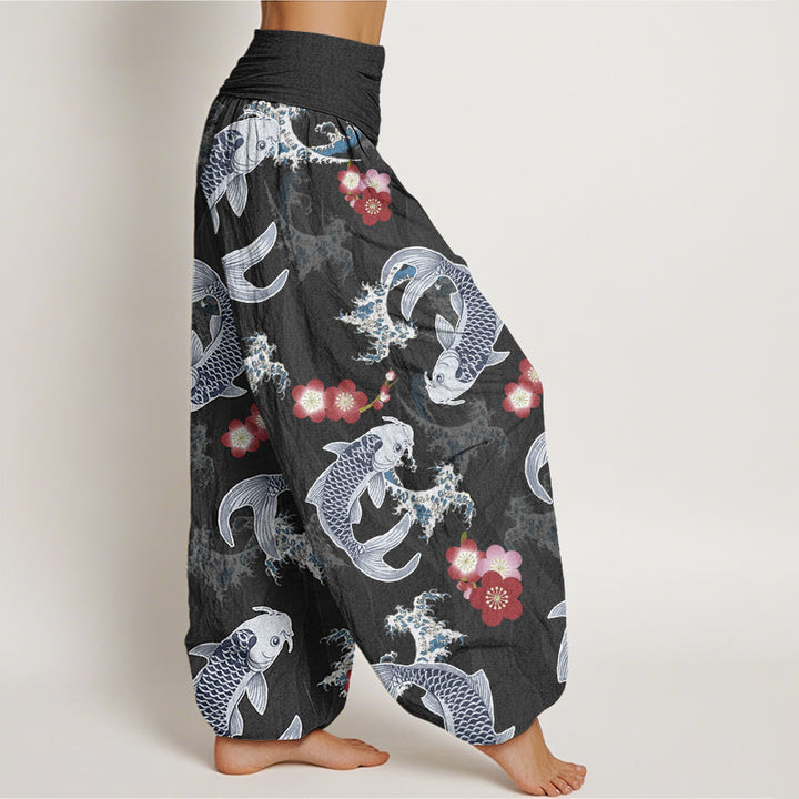Pantalon Buddha Stones décontracté à taille élastique pour femme, motif carpe koï, fleurs de cerisier - image 6