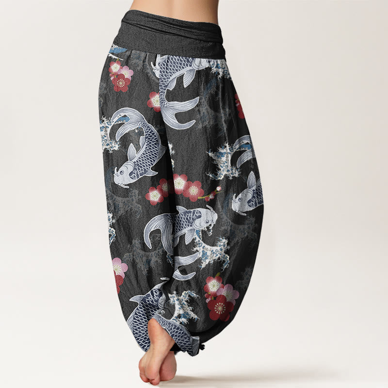 Pantalon Buddha Stones décontracté à taille élastique pour femme, motif carpe koï, fleurs de cerisier - image 7