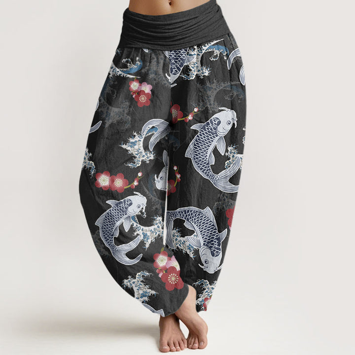 Pantalon Buddha Stones décontracté à taille élastique pour femme, motif carpe koï, fleurs de cerisier - Noir - US22，UK/AU26，EU54 (6XL) - image 5