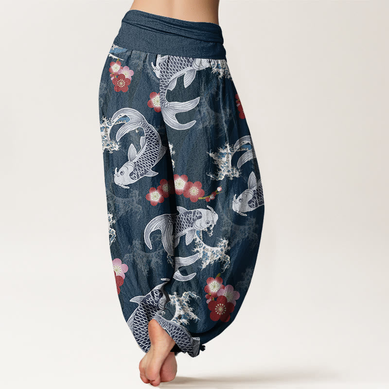 Pantalon Buddha Stones décontracté à taille élastique pour femme, motif carpe koï, fleurs de cerisier - image 10