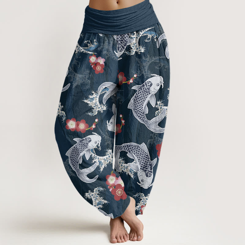 Pantalon Buddha Stones décontracté à taille élastique pour femme, motif carpe koï, fleurs de cerisier - Bleu acier - US22，UK/AU26，EU54 (6XL) - image 8