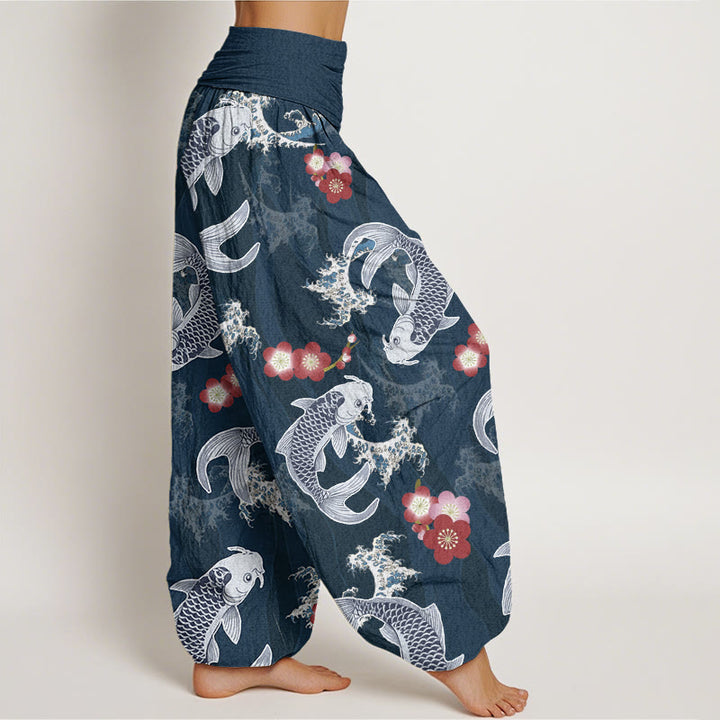 Pantalon Buddha Stones décontracté à taille élastique pour femme, motif carpe koï, fleurs de cerisier - image 9