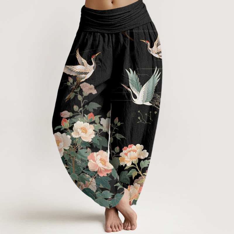 Pantalon sarouel décontracté à taille élastique pour femme avec motif grue et pivoine et Buddha Stones - Noir - US22，UK/AU26，EU54 (6XL) - image 1