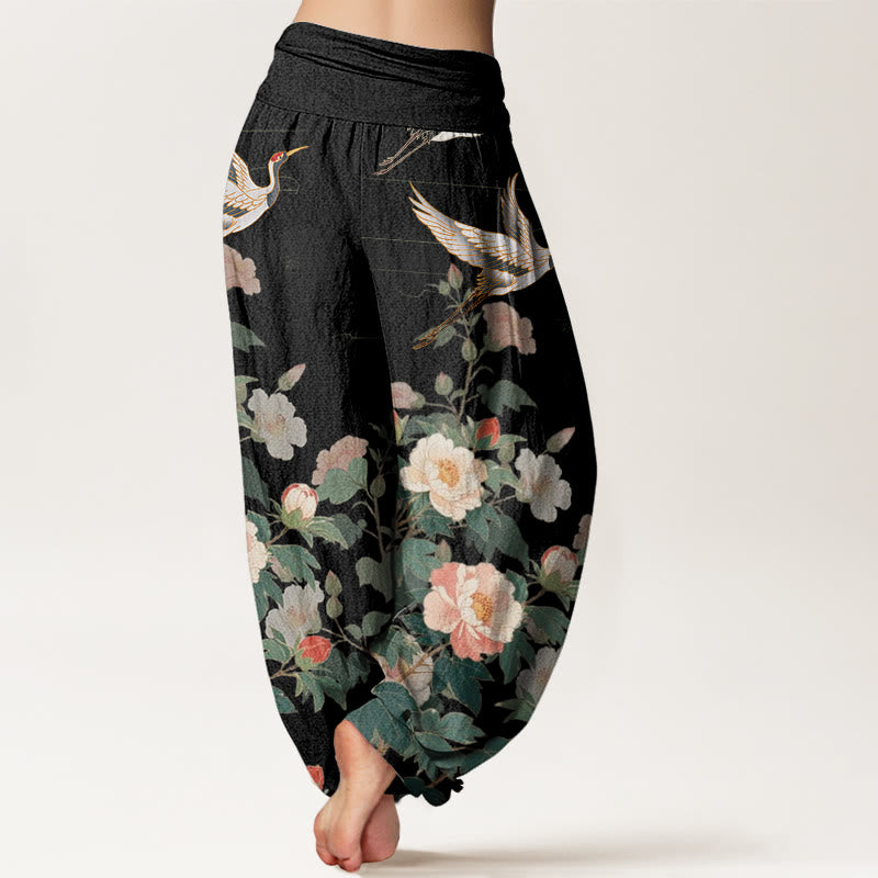 Pantalon sarouel décontracté à taille élastique pour femme avec motif grue et pivoine et Buddha Stones - image 3