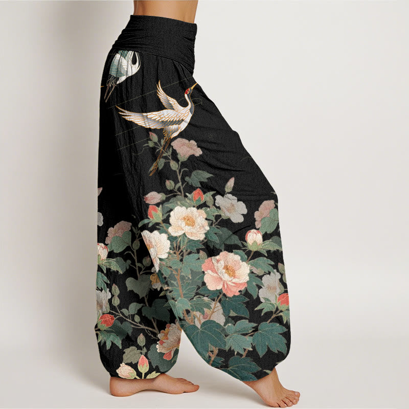 Pantalon sarouel décontracté à taille élastique pour femme avec motif grue et pivoine et Buddha Stones - image 2
