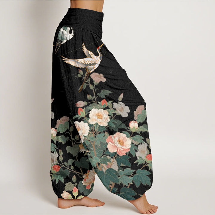 Pantalon sarouel décontracté à taille élastique pour femme avec motif grue et pivoine et Buddha Stones - image 2
