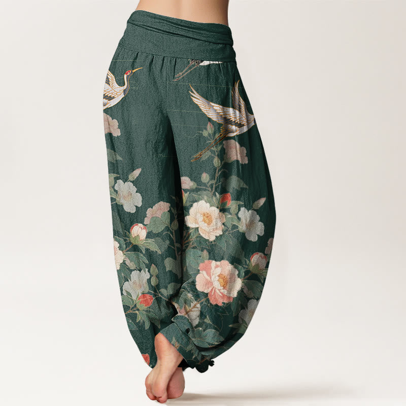 Pantalon sarouel décontracté à taille élastique pour femme avec motif grue et pivoine et Buddha Stones - image 7