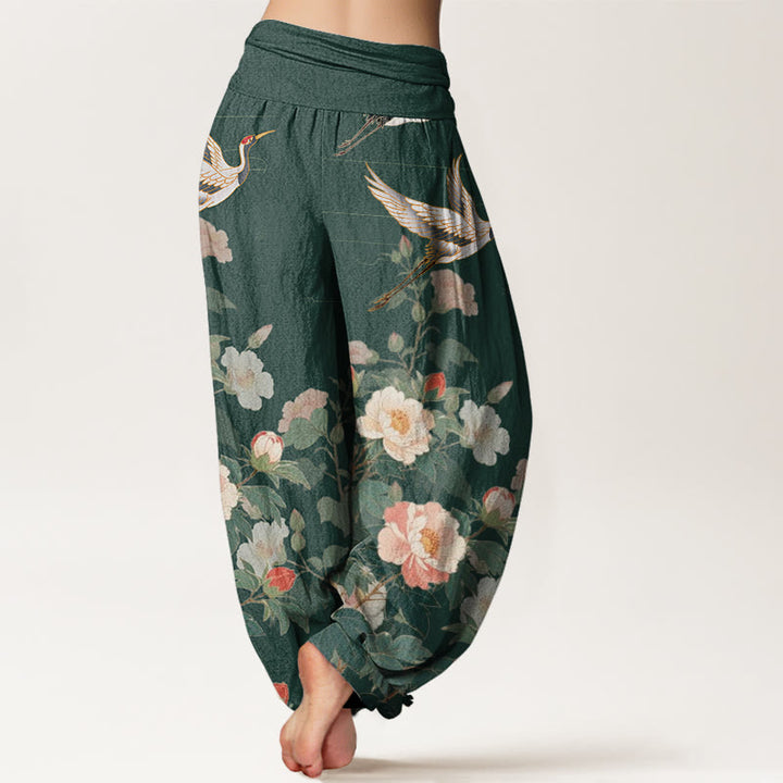 Pantalon sarouel décontracté à taille élastique pour femme avec motif grue et pivoine et Buddha Stones - image 7