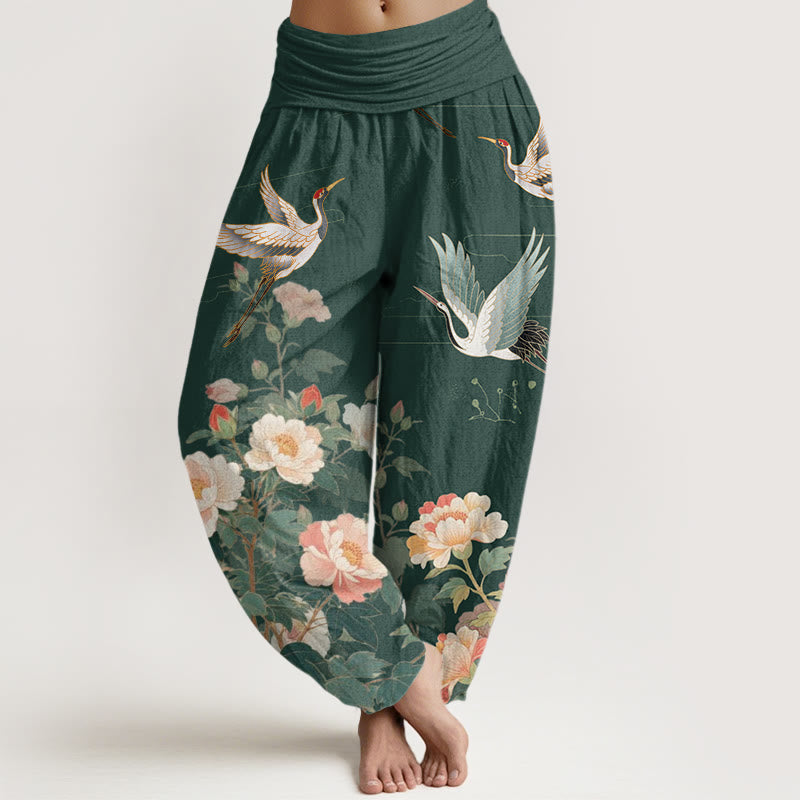 Pantalon sarouel décontracté à taille élastique pour femme avec motif grue et pivoine et Buddha Stones - Vert foncé - US22，UK/AU26，EU54 (6XL) - image 5