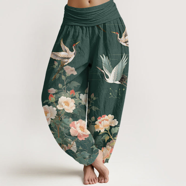Pantalon sarouel décontracté à taille élastique pour femme avec motif grue et pivoine et Buddha Stones - Vert foncé - US22，UK/AU26，EU54 (6XL) - image 5
