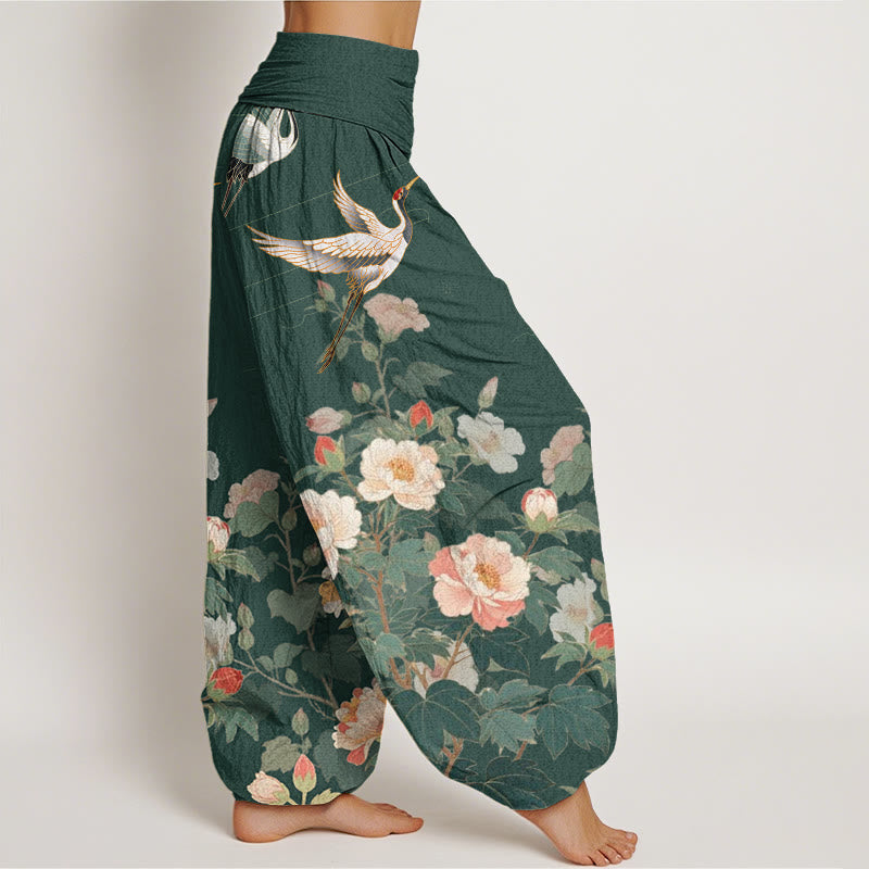 Pantalon sarouel décontracté à taille élastique pour femme avec motif grue et pivoine et Buddha Stones - image 6